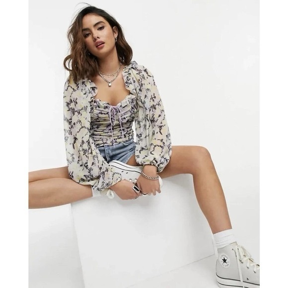 FREE PEOPLE | Mabel Structured Blouse w/ Lace-up Front   | Floral Lilac Combo |S - Picture 11 of 12